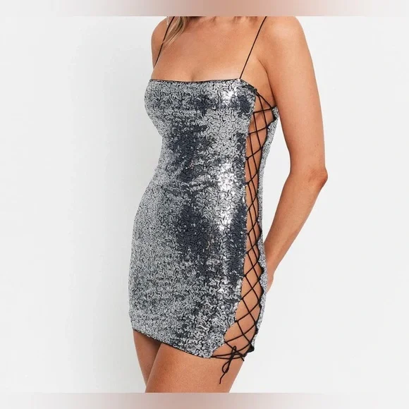 Solado Dresses | Solado Lace Up Sequin Cami Bodycon Mini Dress Regular Price | Color: Gray/Silver | Size: 00 | Pm-58222243's Closet Solado Dresses | Solado Lace Up Sequin Cami Bodycon Mini Dress Regular Price | Color: Gray/Silver | Size: 00 | Pm-58222243's Closet